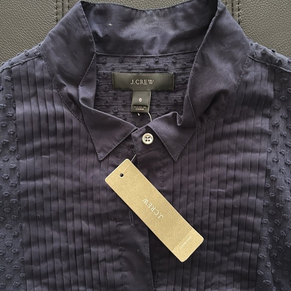 J. Crew Navy Pleated Swiss Dot Tuxedo Sheer Blouse - Picture 7 of 9
